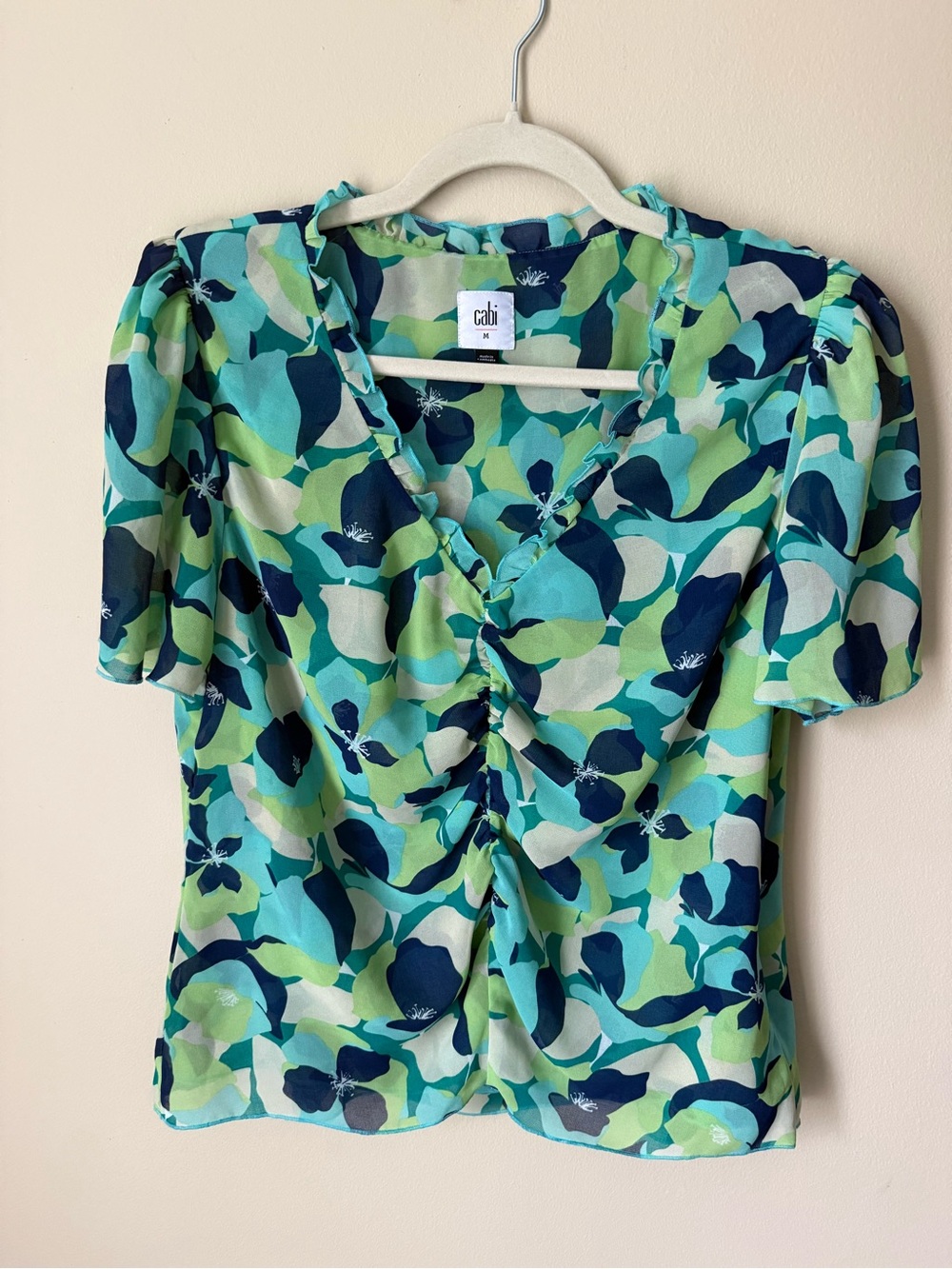 CAbi Blue & Green Floral V-Neck Ruched Blouse